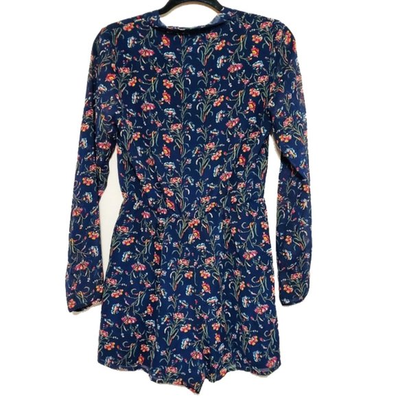 NWOT BCBGeneration Pussy Bow Romper XS 2 Long Sleeve Neck Tie Pocket Floral Navy - Picture 14 of 16
